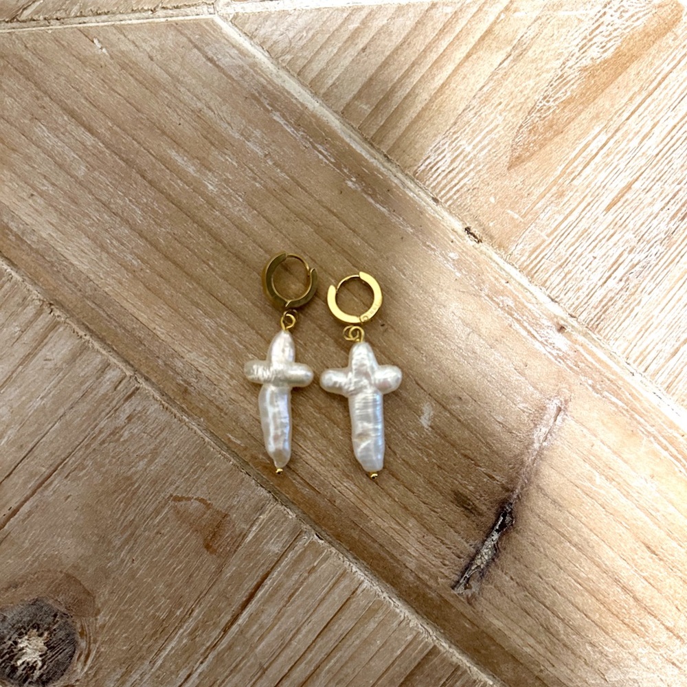 Daily Drills Gold and Pearl Cross Earrings